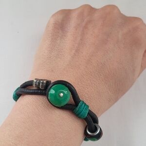 Green Bead Leather Wrap Bracelet - Unbranded